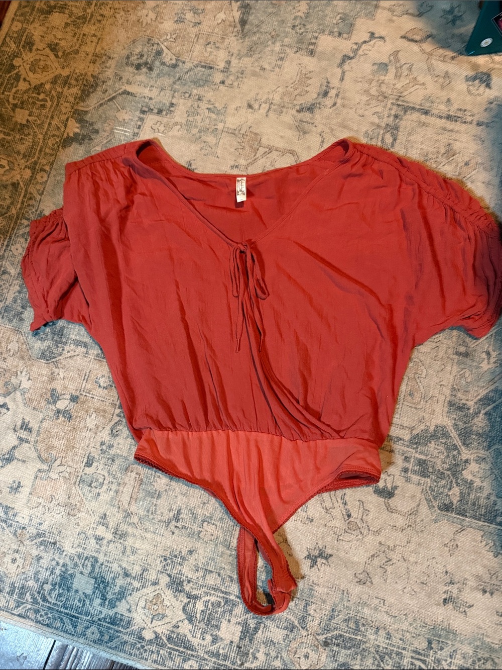 Free People Rust Red Tie-Front V-Neck Bodysuit